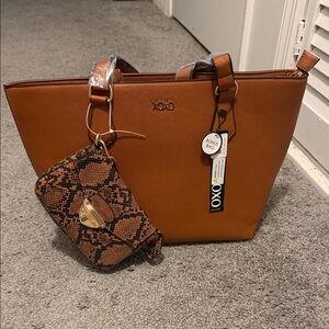 Women's Brown Tote Bag with an extra snake print mini bag